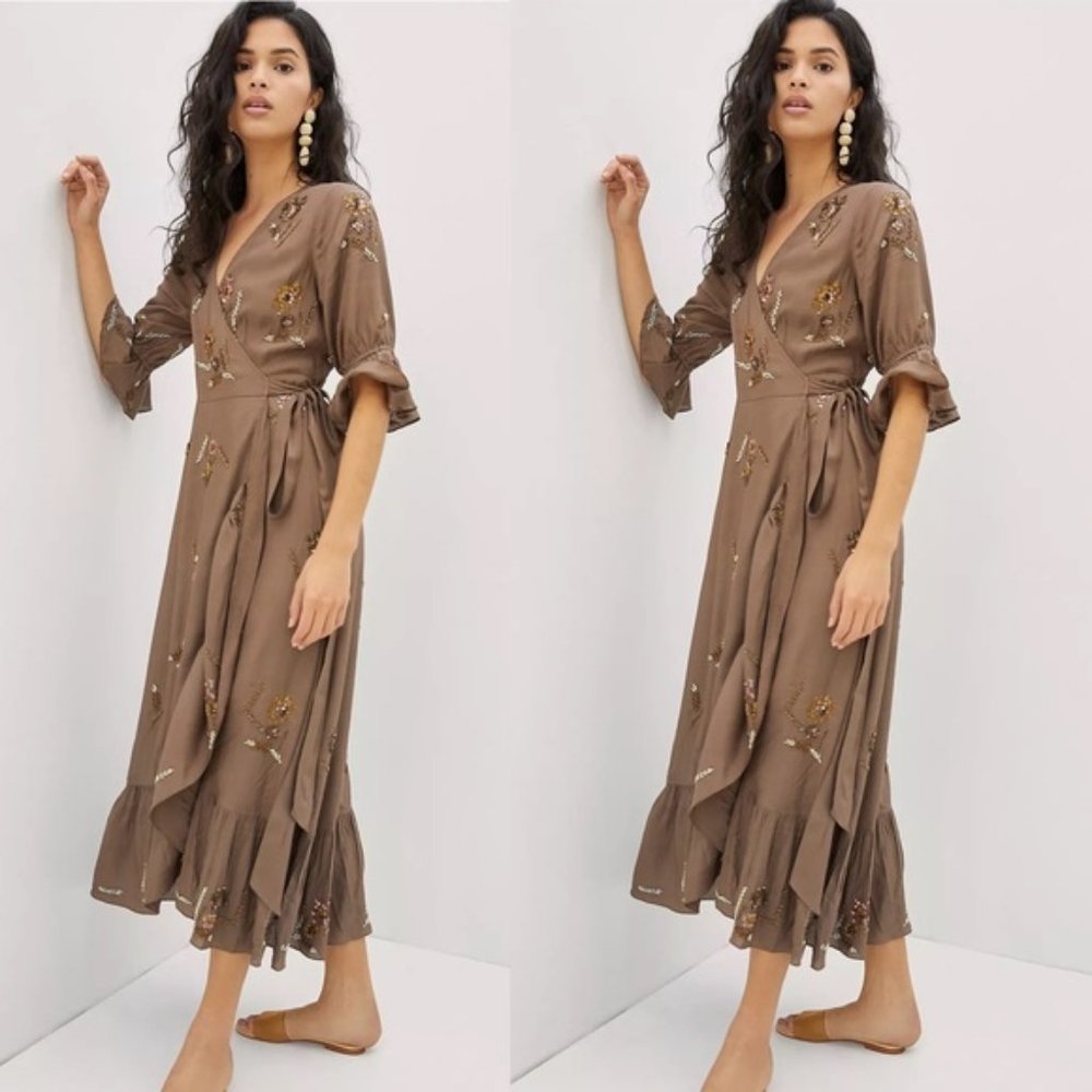 Anthropologie Let me be Beaded Wrap Maxi Dress